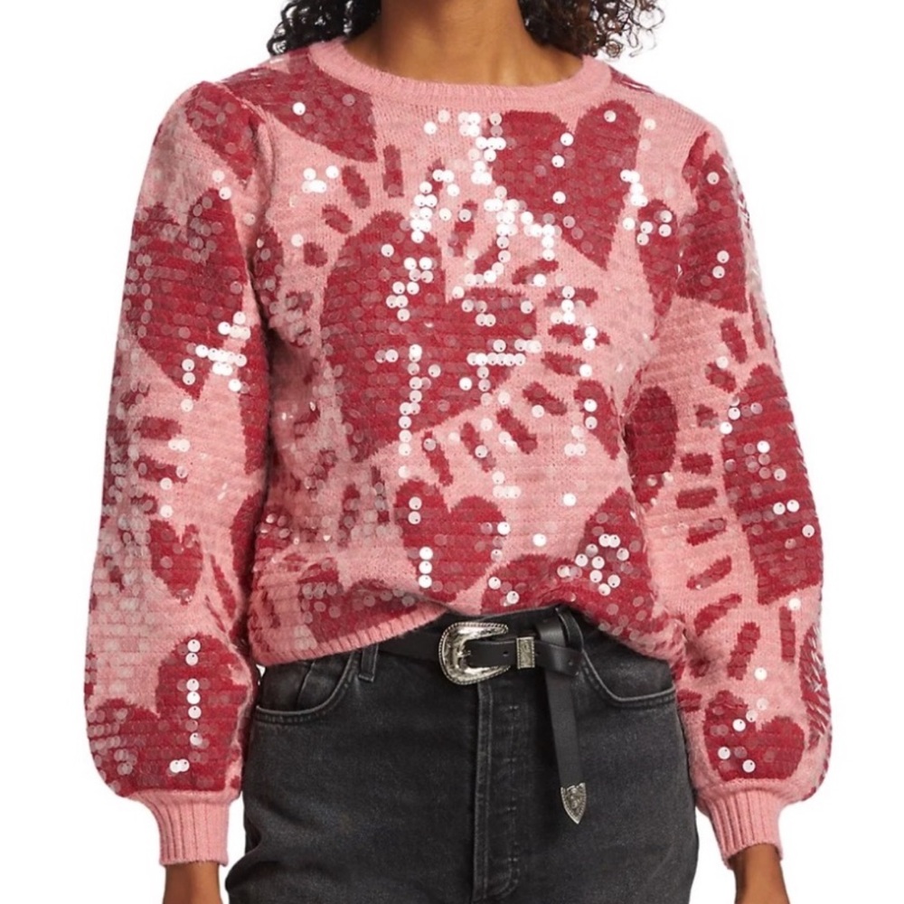 FARM Rio Pink and Red Sequin Floral Crewneck Sweater